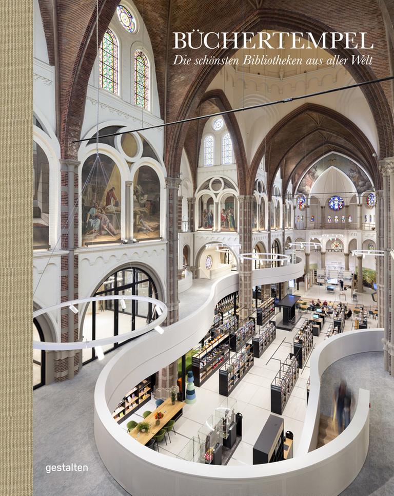 Das Buchcover zeigt eine moderne Bibliothek in einer kathedralenartigen Architektur