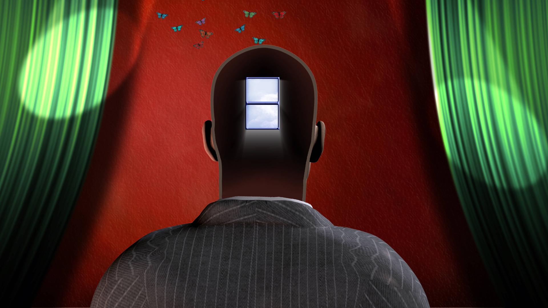 Die Illustration zeigt den Oberkörper eines Mannes von hinten, in dessen Kopf ein Fenster eingezeichnet ist, und der vor einer rot eingefärbten Bühne mit geöffnetem grünen Vorhang steht. Über seinem Kopf fliegen bunte Schmetterlinge. Die Illustration zeigt den Oberkörper eines Mannes von hinten, in dessen Kopf ein Fenster eingezeichnet ist, und der vor einer rot eingefärbten Bühne mit geöffnetem grünen Vorhang steht. Über seinem Kopf fliegen bunte Schmetterlinge.