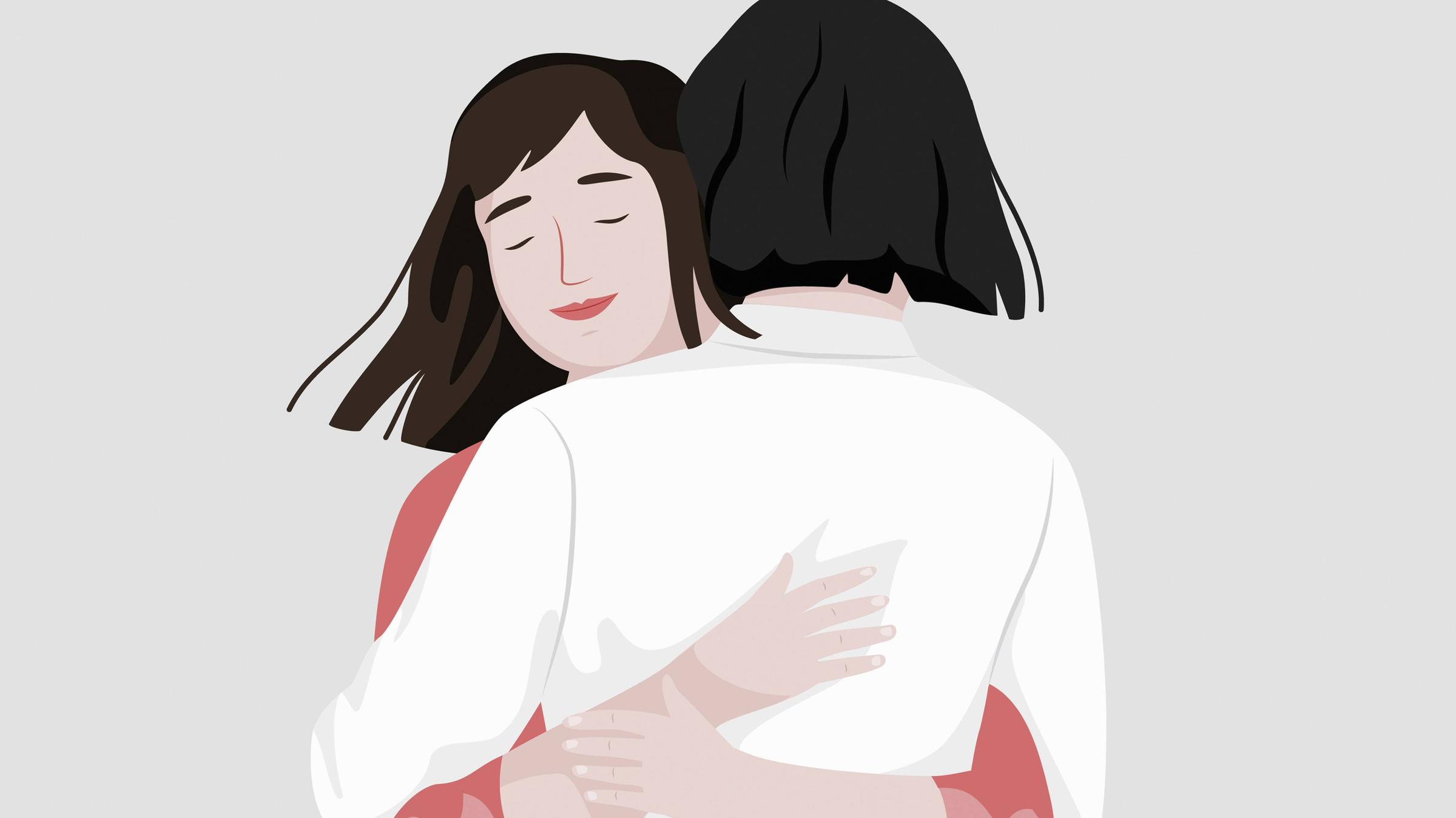 Illustration zweier junger Frauen, die sich umarmen. Eine von ihnen hat...</p>

                        <a href=