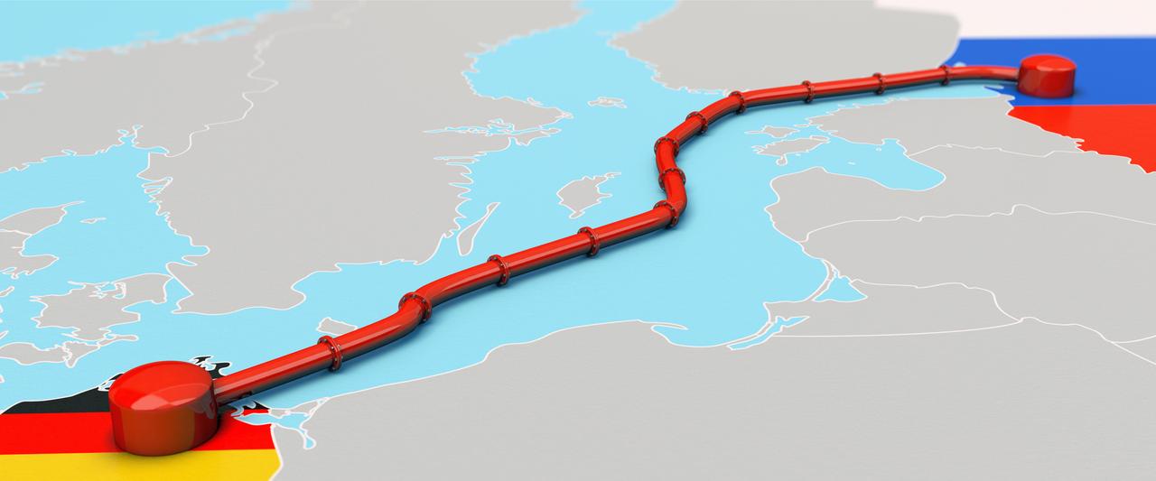 Auf der Grafik ist schematisch der Verlauf der Gaspipeline Nord Stream 2 von Russland durch die Ostsee nach Deutschland zu sehen,