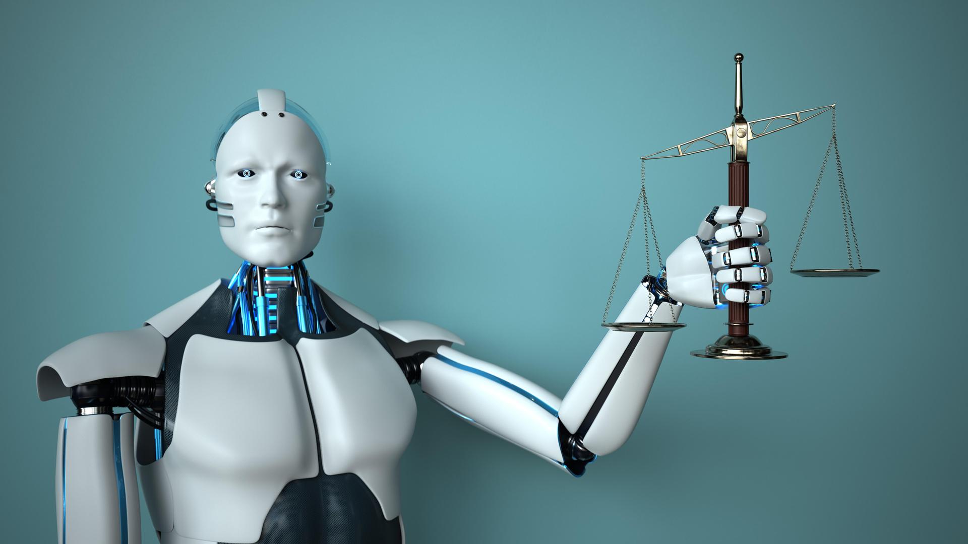 Ein weißer humanoider Roboter hält die Waage der Gerechtigkeit in der leicht erhobenen linken Hand. Ein weißer humanoider Roboter hält die Waage der Gerechtigkeit in der leicht erhobenen linken Hand.