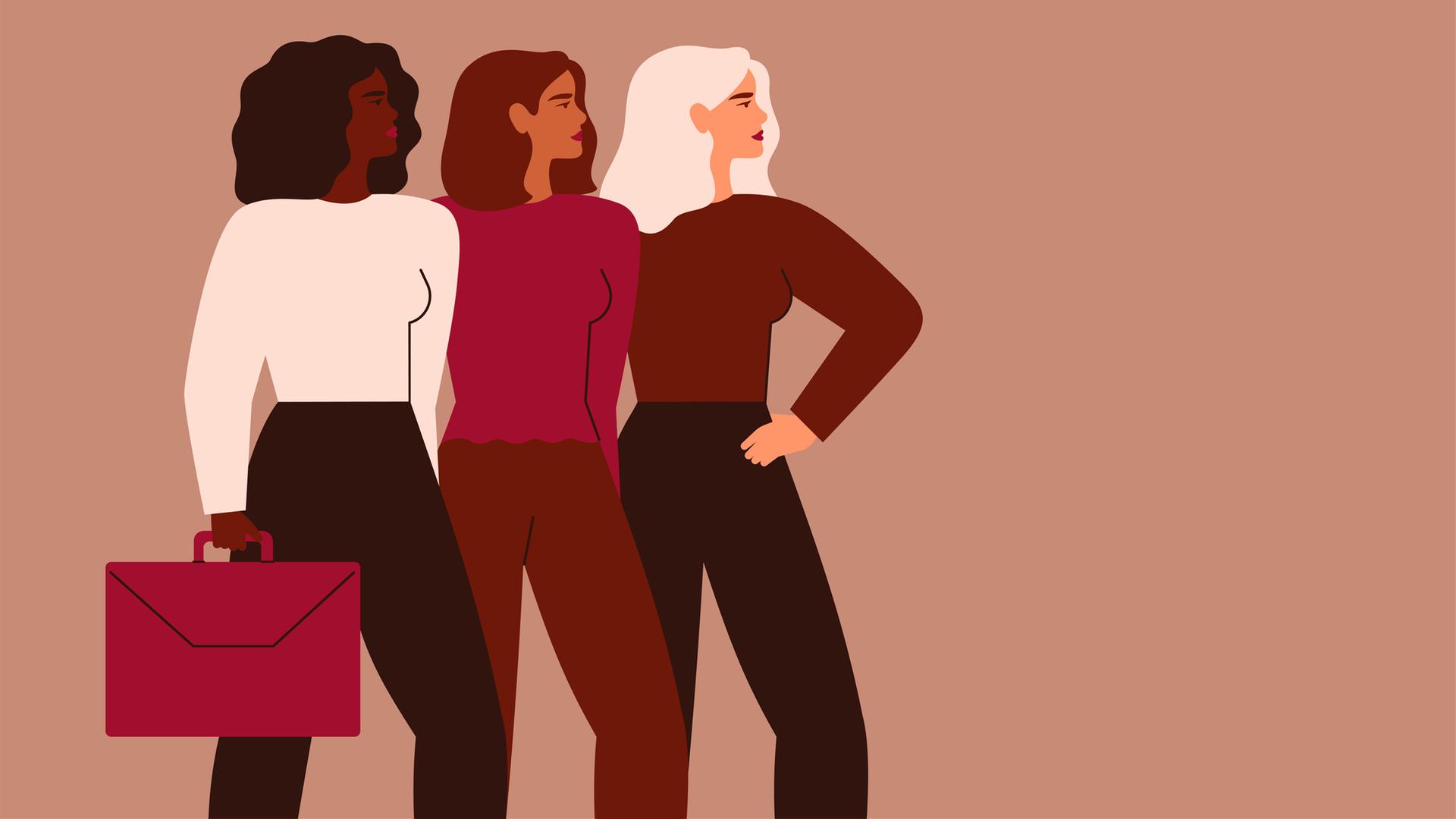 Illustration: Drei selbstbewusste Frauen stehen zusammen und blicken in die Zukunft. Illustration: Drei selbstbewusste Frauen stehen zusammen und blicken in die Zukunft.