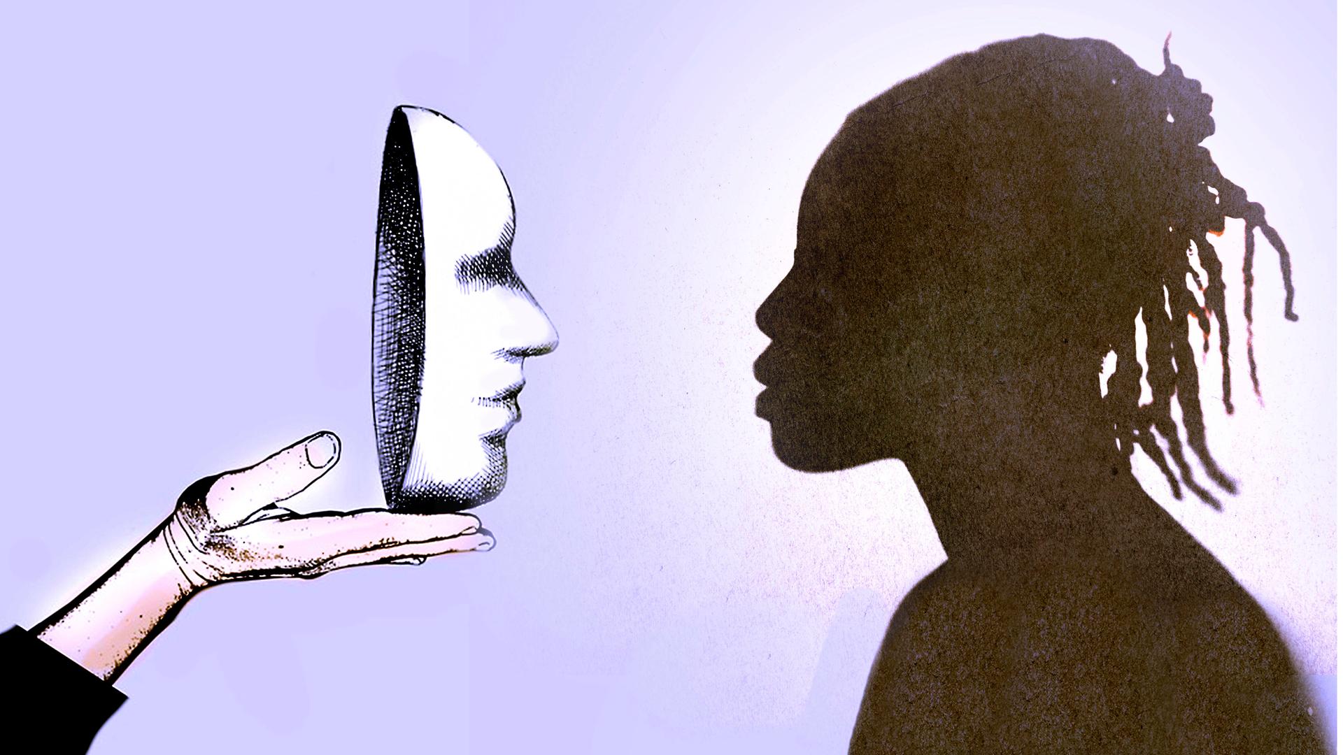 Eine schwarze Frau, als Silhouette dargestellt, schaut einer weißen Maske ins Gesicht, die ihr wie ein Spiegel vorgehalten wird. Eine schwarze Frau, als Silhouette dargestellt, schaut einer weißen Maske ins Gesicht, die ihr wie ein Spiegel vorgehalten wird.