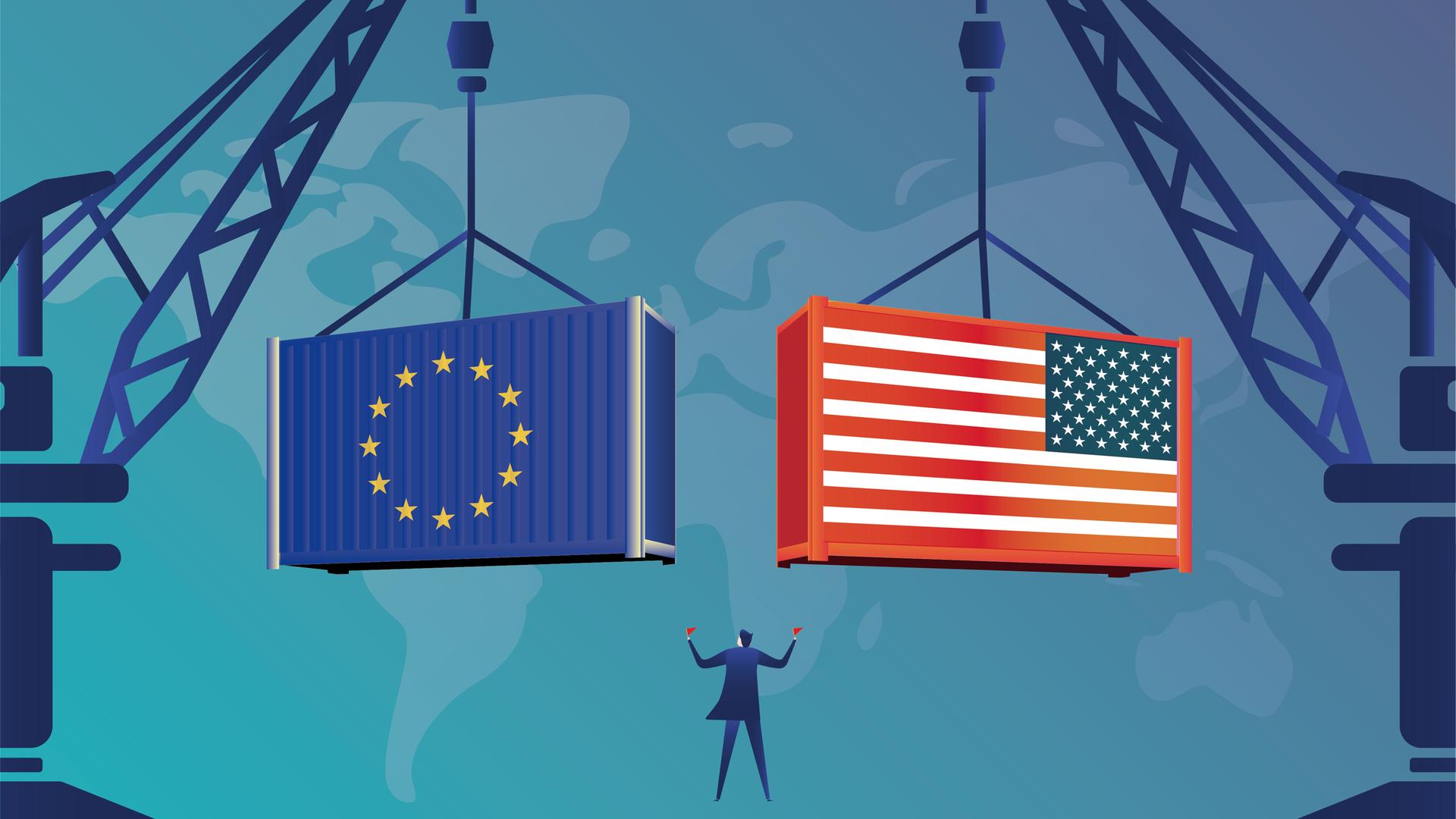 Illustration: Ein Mann befehligt 2 Krane an denen Container mit amerikanischer und EU-Flagge hängen. Illustration: Ein Mann befehligt 2 Krane an denen Container mit amerikanischer und EU-Flagge hängen.