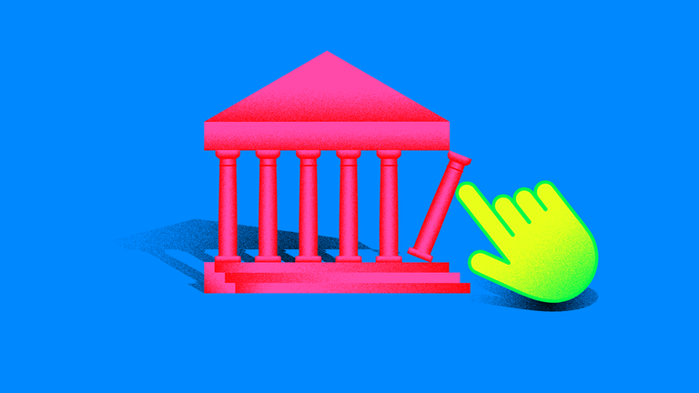 Illustrative Grafik eines Tempels, bei dem eine Säule droht umzustürzen, als Symbol für den Deutschlandfunk-Podcast "Der Rest ist Geschichte" Illustrative Grafik eines Tempels, bei dem eine Säule droht umzustürzen, als Symbol für den Deutschlandfunk-Podcast "Der Rest ist Geschichte"