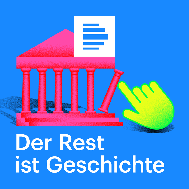 Illustrative Grafik eines Tempels, bei dem eine Säule droht umzustürzen, als Symbol für den Deutschlandfunk-Podcast "Der Rest ist Geschichte"