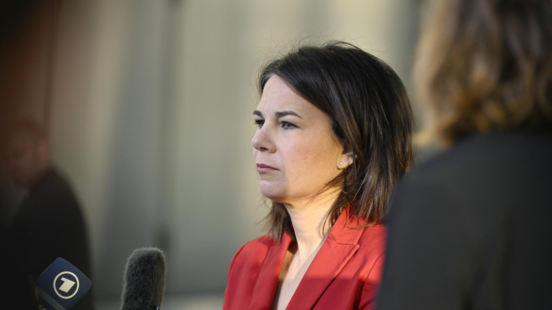 Bundesaußenministerin Baerbock steht vor Mikrofonen und gibt ein Interview. Bundesaußenministerin Baerbock steht vor Mikrofonen und gibt ein Interview.