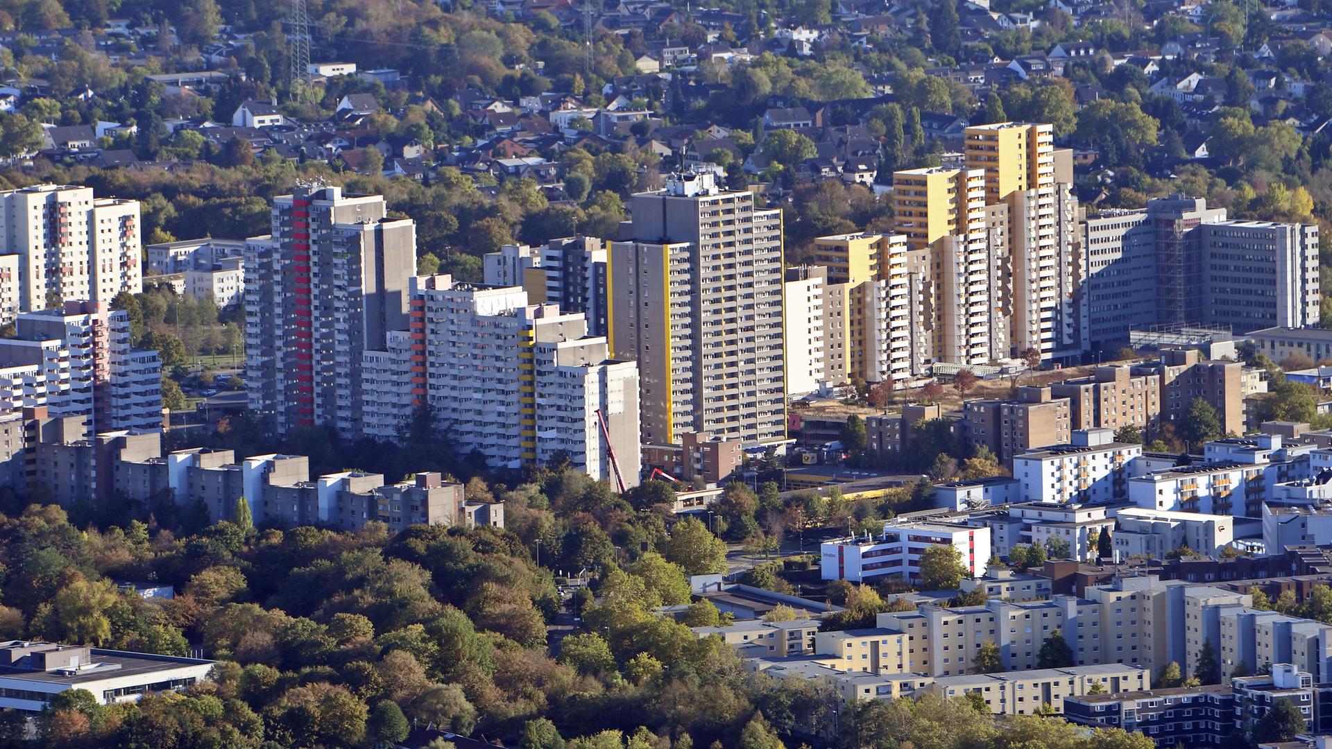 Luftaufnahme von Ende Septemerb 2018: eine Wohnsiedlung in Köln-Chorweiler, Hochhäuser umgeben von Bäumen Luftaufnahme von Ende Septemerb 2018: eine Wohnsiedlung in Köln-Chorweiler, Hochhäuser umgeben von Bäumen