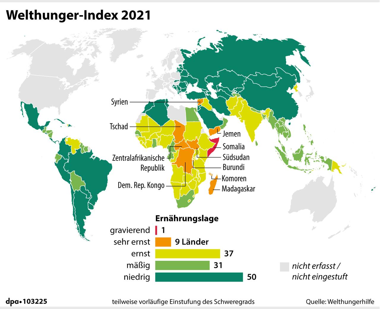 Der Welthunger-Index berechnet und bewertet die globale Hungersituation - hier dargestellt auf einer Weltkarte